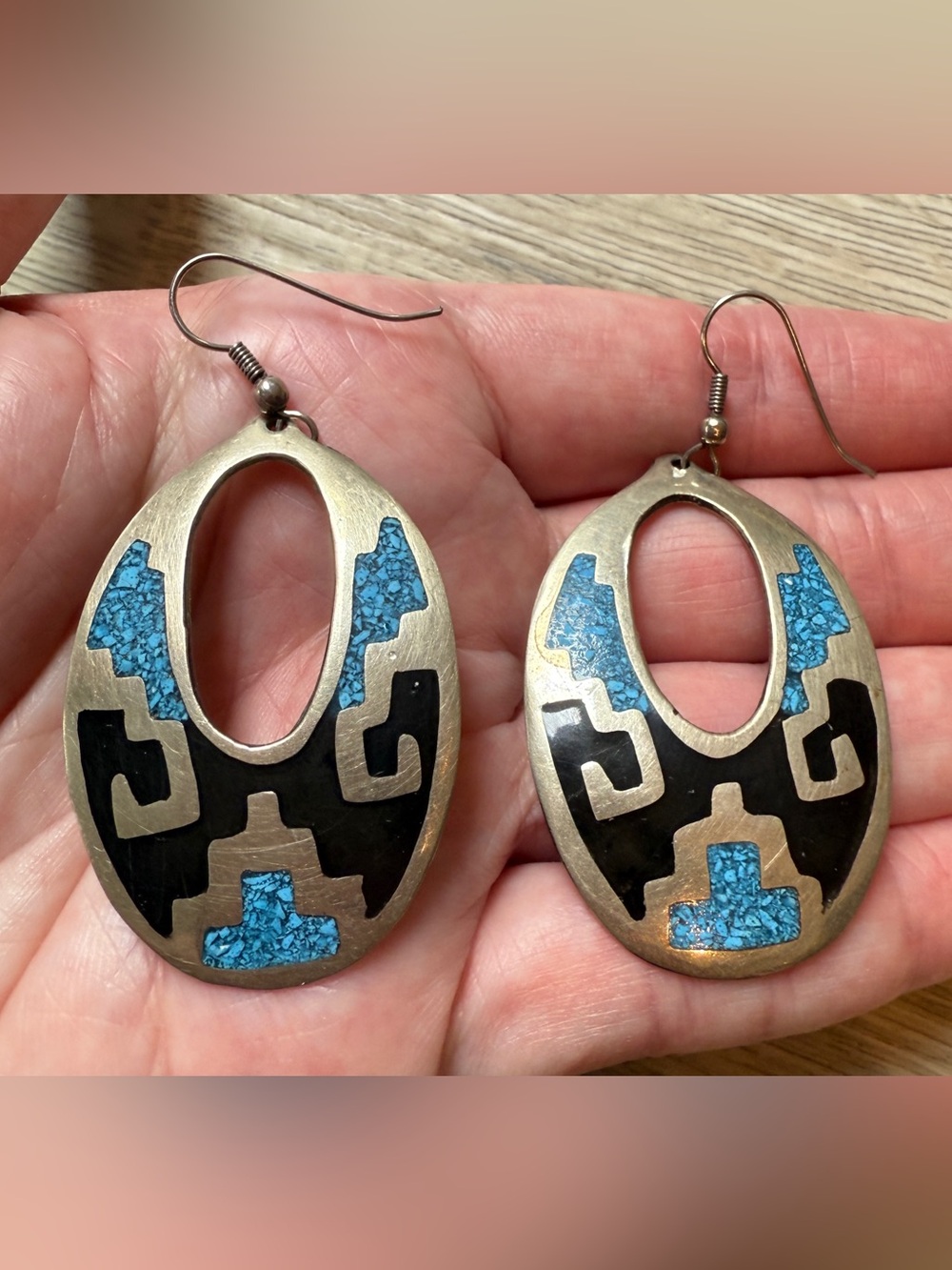 Vintage Alpaca Mexico Geometric Turquoise Black French Hook Earrings Silver 2.5”